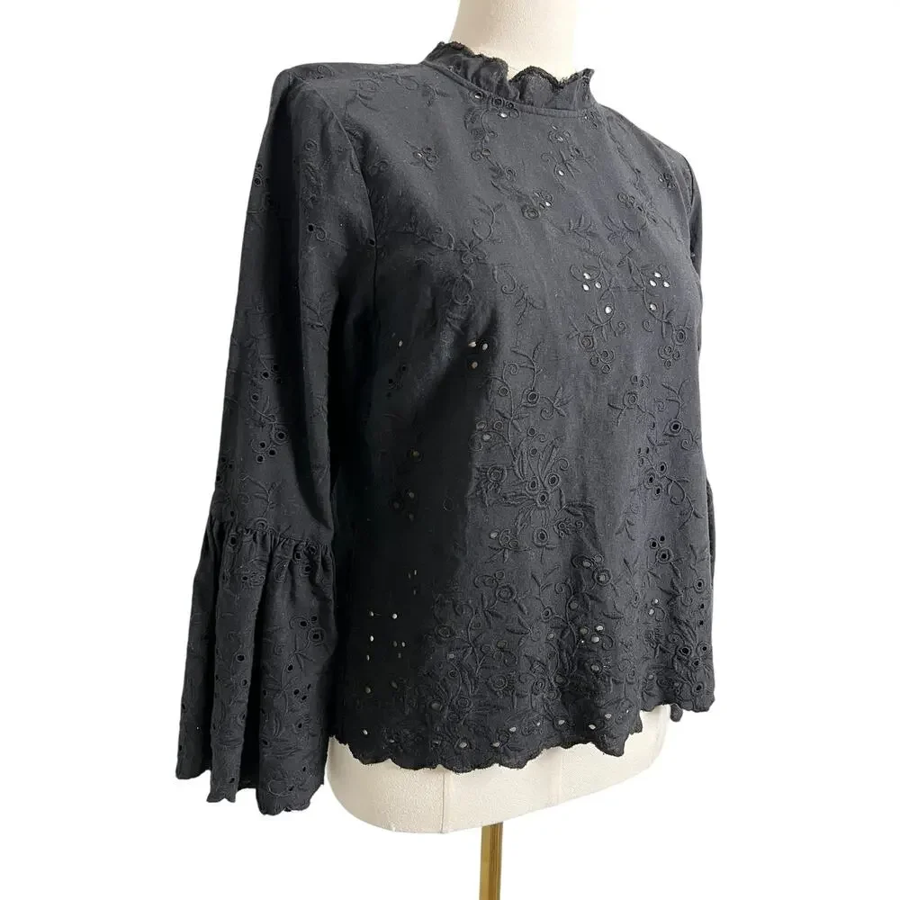 Ulla Johnson Blouse Womens 6 Black Embroidered Eyelet Bell Sleeve Mock Neck Top